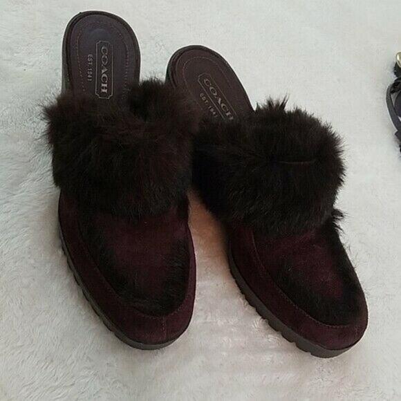 Coach Kaela Size 8 Burgundy Suede Rabbit Fur Wedge Mules - Picture 1 of 8